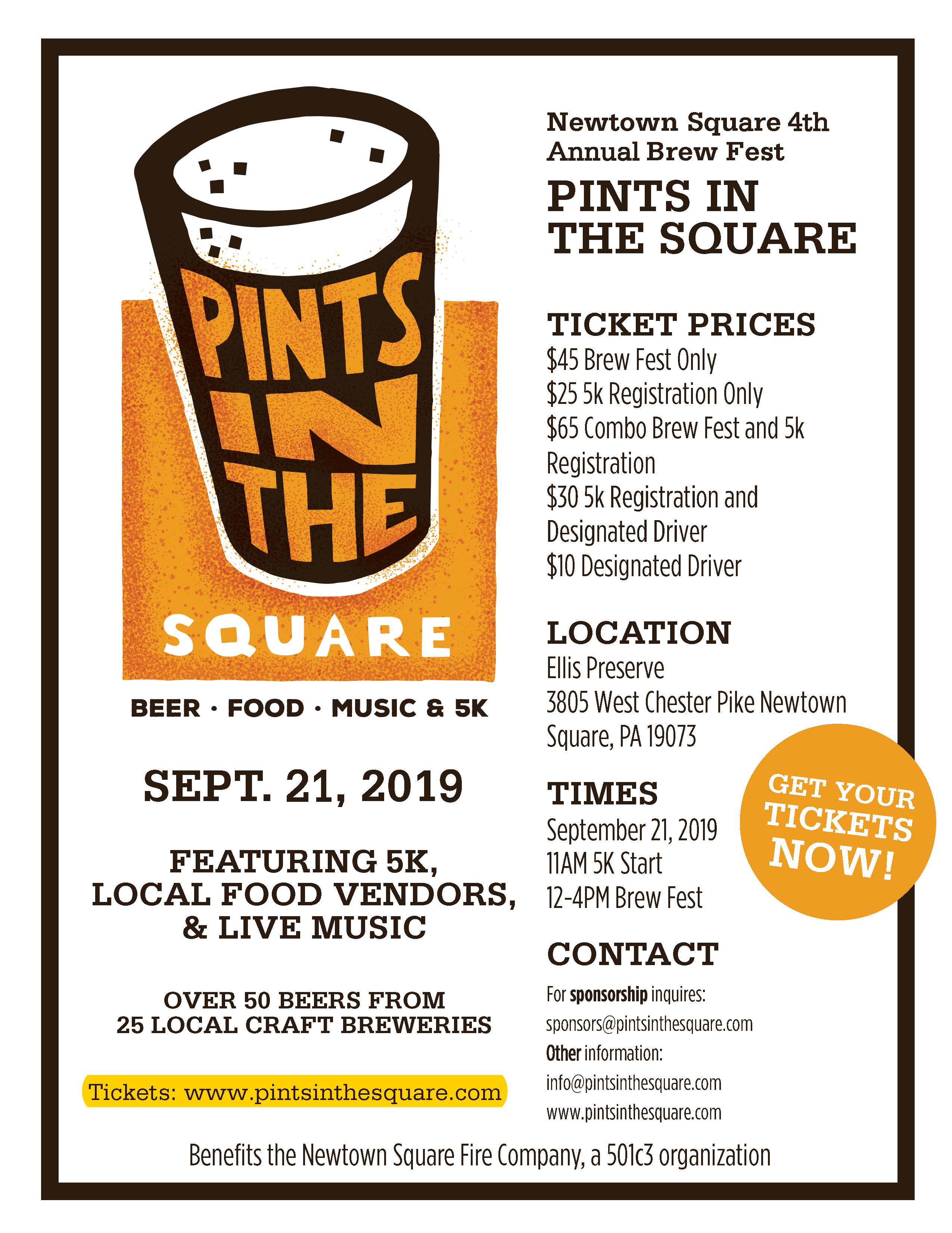 4th Annual Pints in the Square Craft BREW FEST and 5K Newtown Square